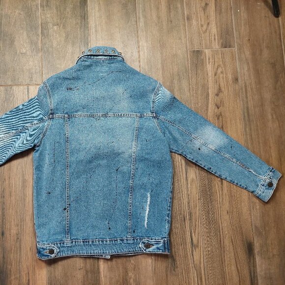 Denim Jean Jacket Mexico Lindo Y Querido Hand Painted Distressed Studs $229 - Picture 7 of 12